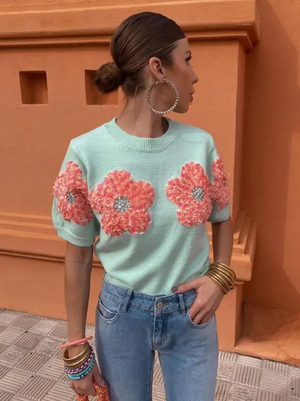 Blue Zone Planet |  contrasting flower sweet pink round neck short-sleeved sweater BLUE ZONE PLANET