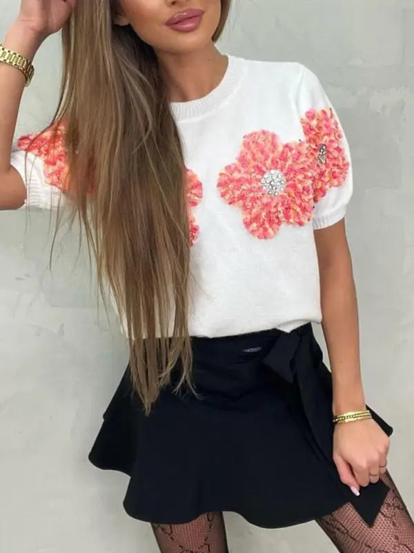 Blue Zone Planet |  contrasting flower sweet pink round neck short-sleeved sweater BLUE ZONE PLANET