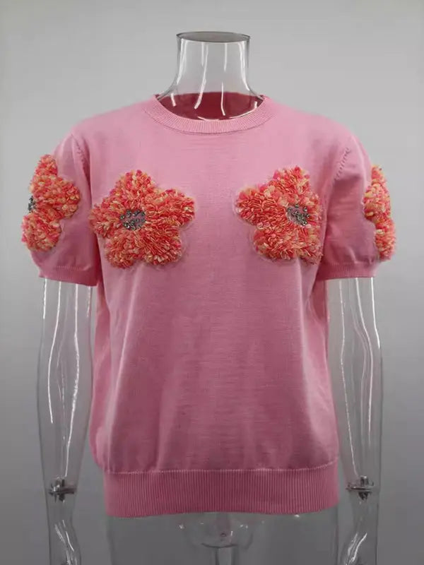 Blue Zone Planet |  contrasting flower sweet pink round neck short-sleeved sweater BLUE ZONE PLANET