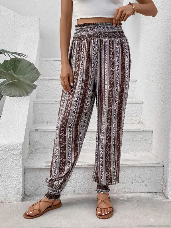 Blue Zone Planet |  elastic trousers ethnic style high waist printed trousers BLUE ZONE PLANET