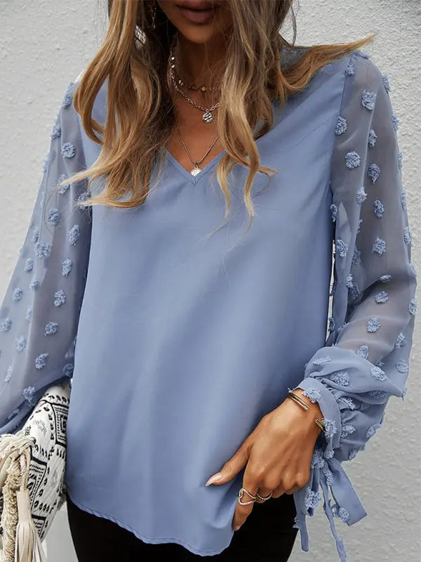 Blue Zone Planet | elegant V-neck puff sleeve shirt BLUE ZONE PLANET