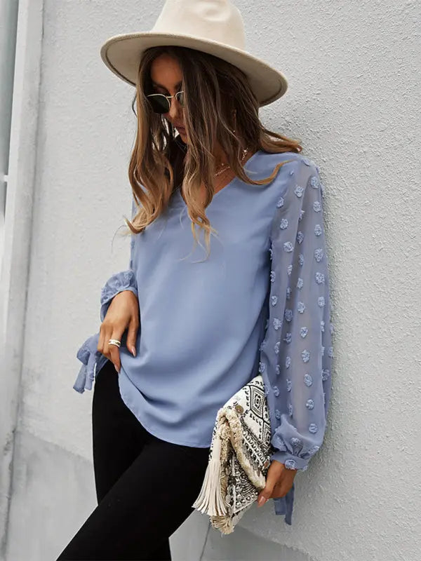 Blue Zone Planet | elegant V-neck puff sleeve shirt BLUE ZONE PLANET