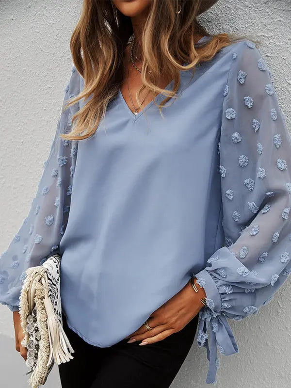 Blue Zone Planet | elegant V-neck puff sleeve shirt BLUE ZONE PLANET