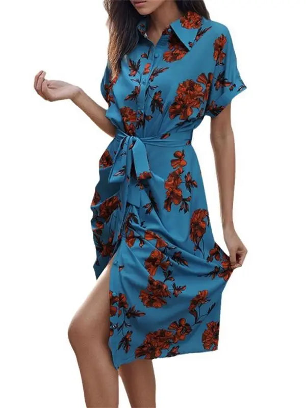 Blue Zone Planet |  elegant commuting lace-up printed shirt dress BLUE ZONE PLANET