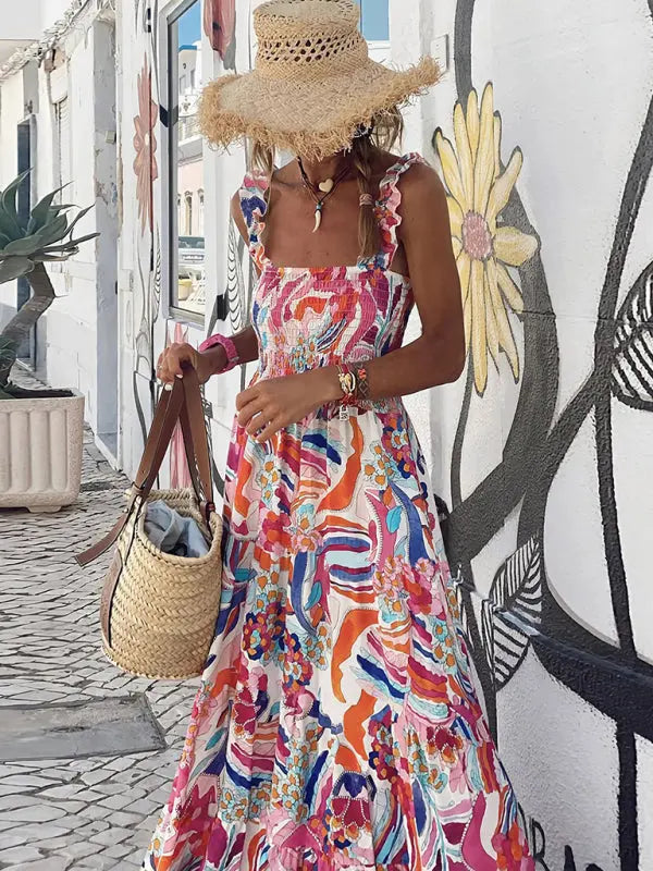 Blue Zone Planet | elegant printed elastic spaghetti strap skirt holiday style French floral spaghetti strap long dress BLUE ZONE PLANET