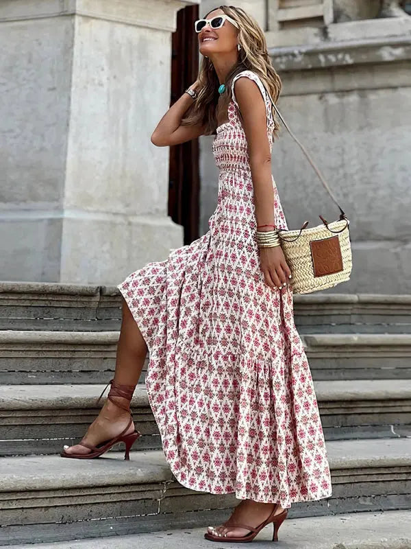 Blue Zone Planet | elegant printed elastic spaghetti strap skirt holiday style French floral spaghetti strap long dress BLUE ZONE PLANET