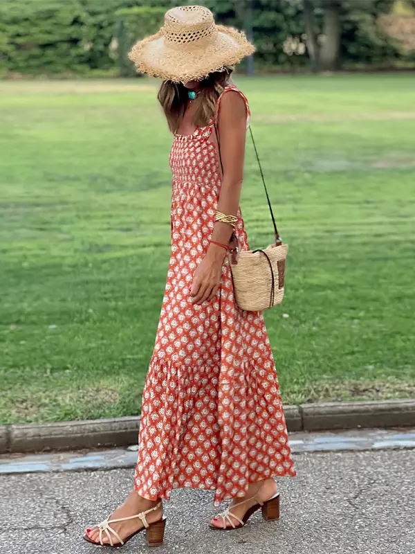 Blue Zone Planet | elegant printed elastic spaghetti strap skirt holiday style French floral spaghetti strap long dress BLUE ZONE PLANET