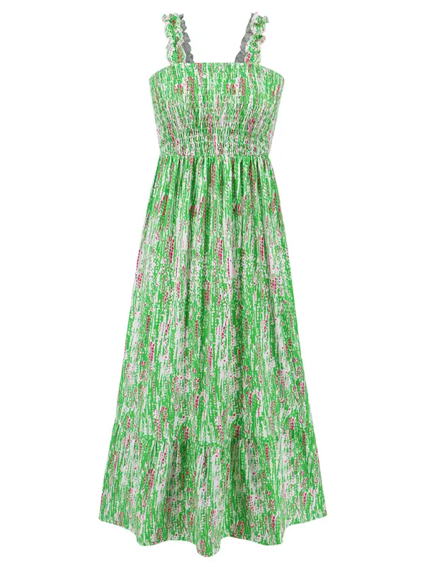 Blue Zone Planet | elegant printed elastic spaghetti strap skirt holiday style French floral spaghetti strap long dress BLUE ZONE PLANET