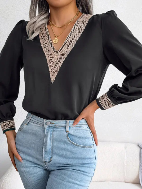 Blue Zone Planet |  lace V-neck Long Sleeve Chiffon shirt BLUE ZONE PLANET