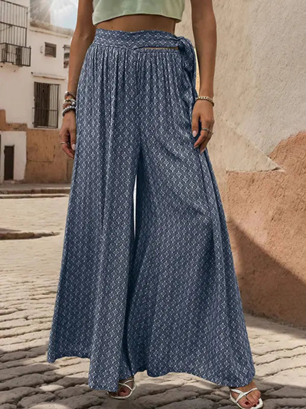 Blue Zone Planet |  lace-up high-waisted printed wide-leg trousers BLUE ZONE PLANET