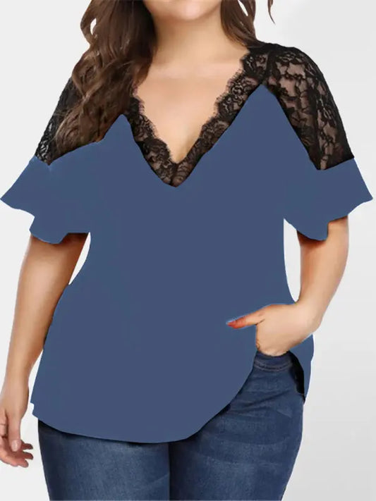 Blue Zone Planet | large size V-neck short-sleeved stitching lace solid color top BLUE ZONE PLANET