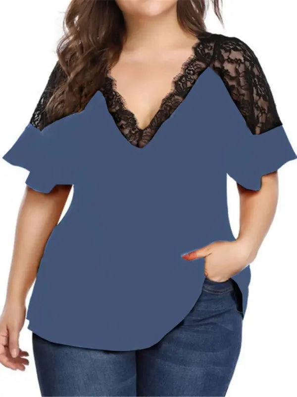 Blue Zone Planet | large size V-neck short-sleeved stitching lace solid color top BLUE ZONE PLANET