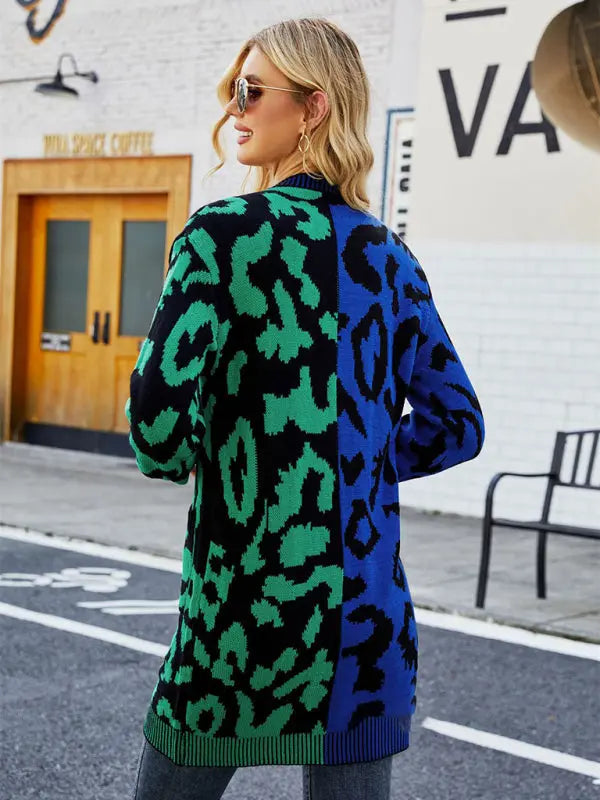 Blue Zone Planet |  mid-length leopard print stitching sweater knitted cardigan coat BLUE ZONE PLANET