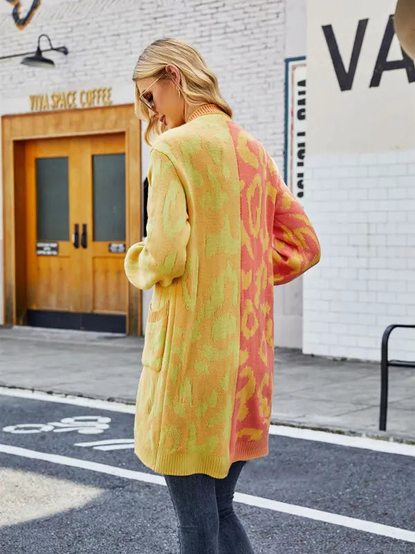 Blue Zone Planet |  mid-length leopard print stitching sweater knitted cardigan coat BLUE ZONE PLANET