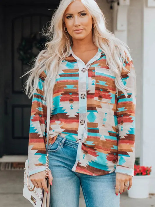 Blue Zone Planet |  multi-coloured printed buttoned pocket chest long sleeve shirt BLUE ZONE PLANET