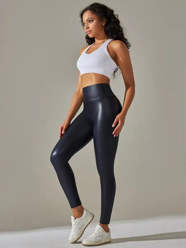 Blue Zone Planet plus size leggings high waist tight PU leather