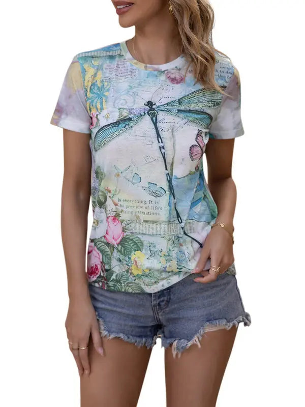 Blue Zone Planet |  round neck loose dragonfly printed short -sleeved T -shirt BLUE ZONE PLANET