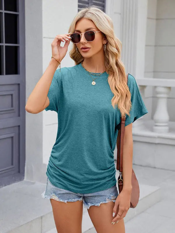 Blue Zone Planet |  round neck pleated solid color short-sleeved loose T-shirt top BLUE ZONE PLANET