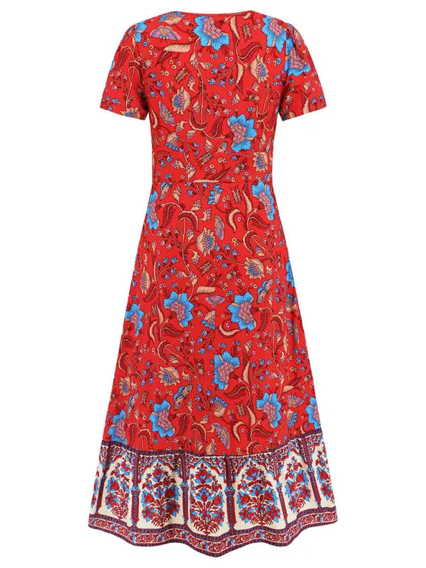 Blue Zone Planet | short-sleeved V-neck dress, bohemian beach retro floral skirt BLUE ZONE PLANET