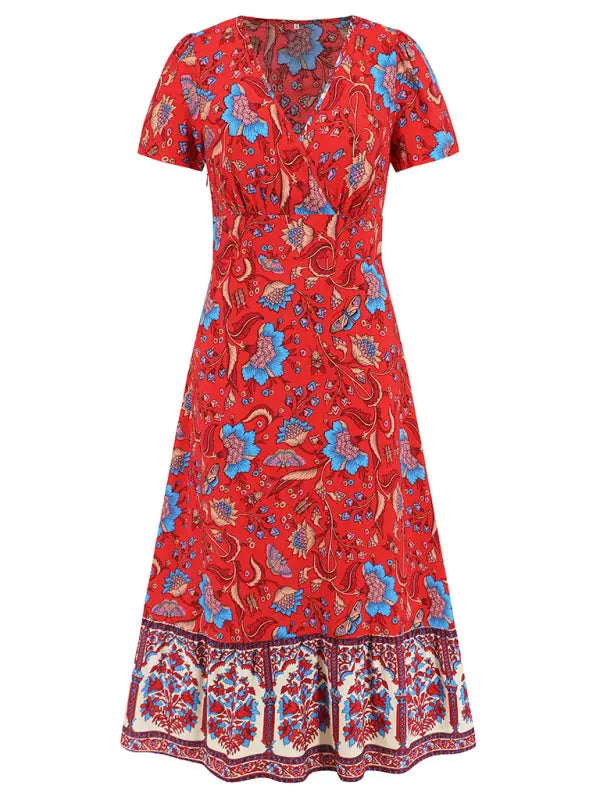 Blue Zone Planet | short-sleeved V-neck dress, bohemian beach retro floral skirt BLUE ZONE PLANET