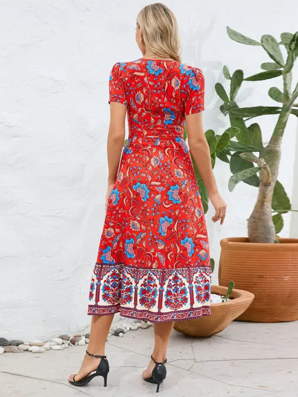 Blue Zone Planet | short-sleeved V-neck dress, bohemian beach retro floral skirt BLUE ZONE PLANET