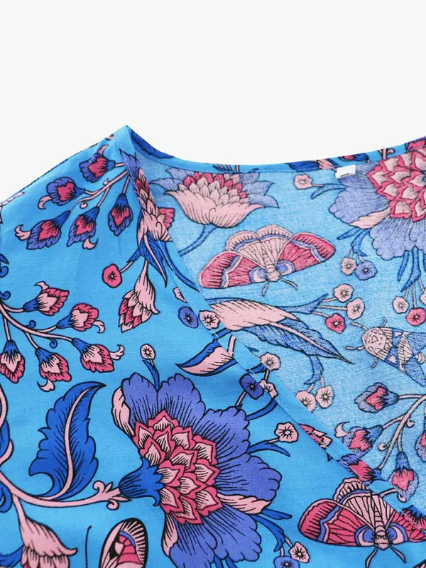 Blue Zone Planet | short-sleeved V-neck dress, bohemian beach retro floral skirt BLUE ZONE PLANET