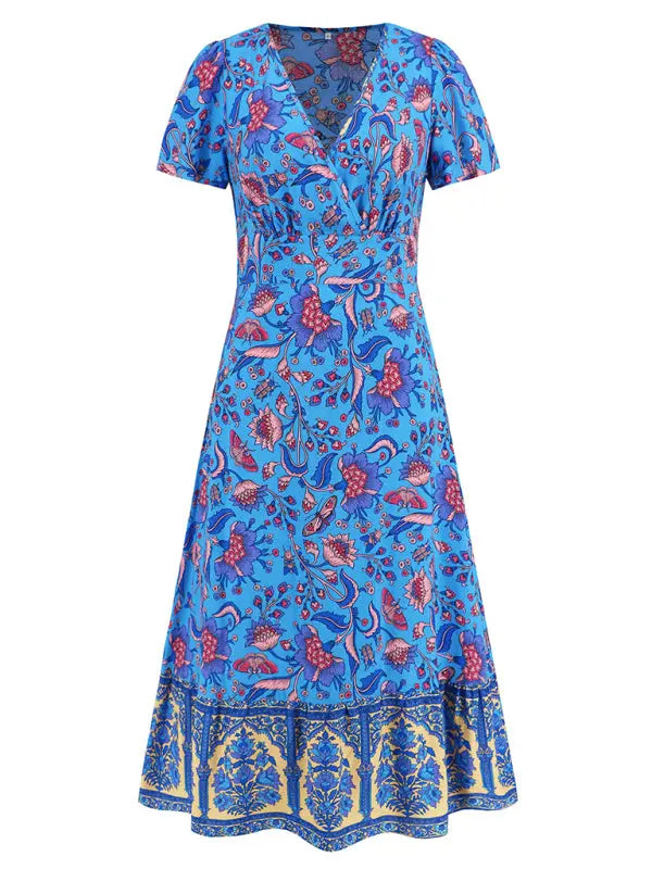 Blue Zone Planet | short-sleeved V-neck dress, bohemian beach retro floral skirt BLUE ZONE PLANET