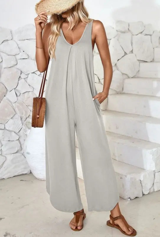 Blue Zone Planet |  sleeveless V-neck wide-leg jumpsuit with pockets BLUE ZONE PLANET
