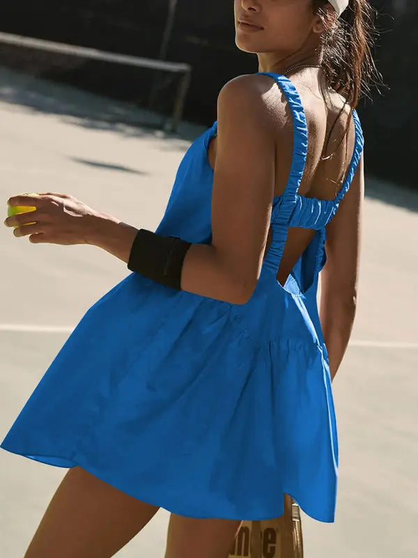 Blue Zone Planet |  spaghetti strap backless outdoor sports yoga tennis skirt dress + shorts set BLUE ZONE PLANET