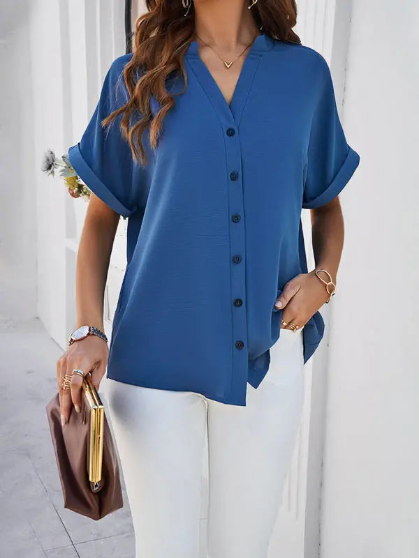 Blue Zone Planet |  spring and summer solid color stand collar shirt BLUE ZONE PLANET