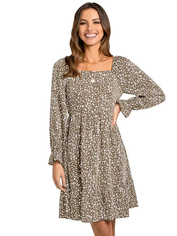 Blue Zone Planet |  square neck print waist long sleeve dress BLUE ZONE PLANET