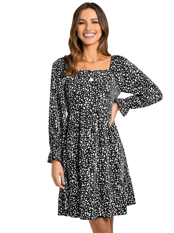 Blue Zone Planet |  square neck print waist long sleeve dress BLUE ZONE PLANET