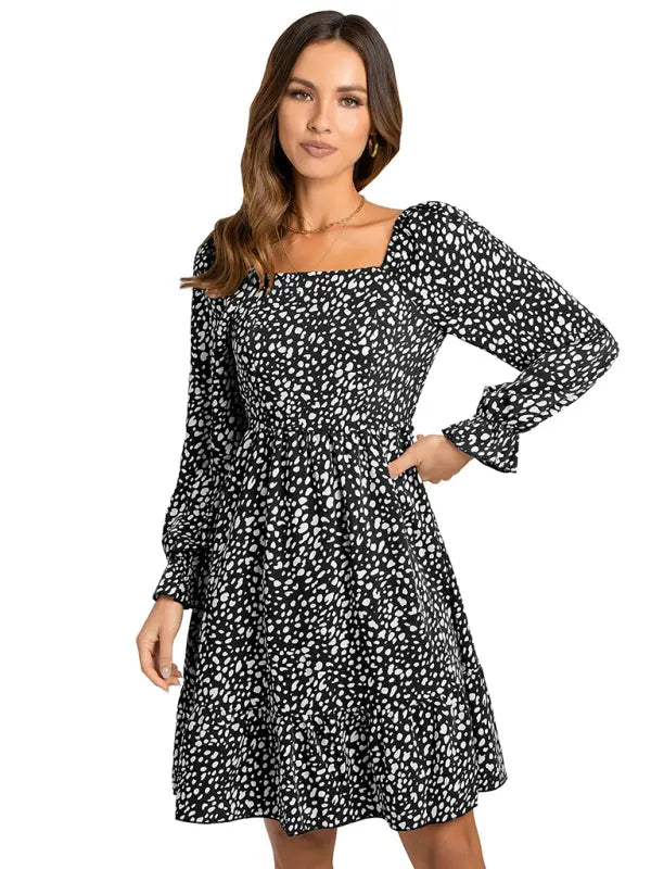 Blue Zone Planet |  square neck print waist long sleeve dress BLUE ZONE PLANET