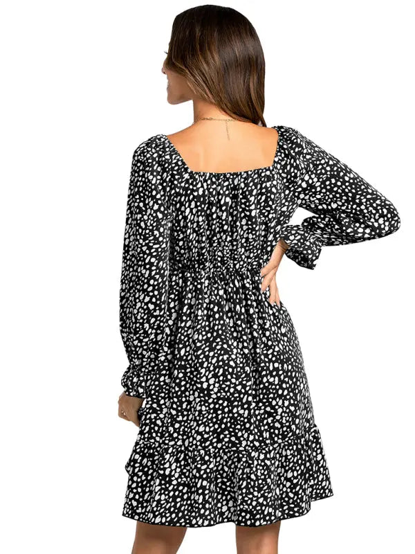 Blue Zone Planet |  square neck print waist long sleeve dress BLUE ZONE PLANET