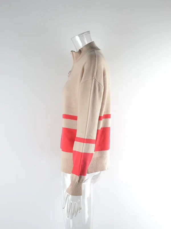 Blue Zone Planet |  striped zipper stand collar pullover sweater BLUE ZONE PLANET