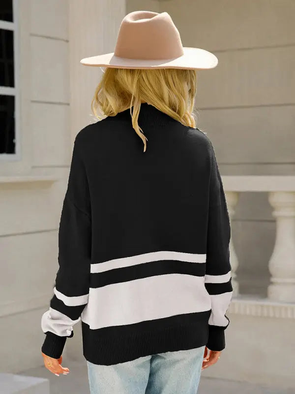 Blue Zone Planet |  striped zipper stand collar pullover sweater BLUE ZONE PLANET