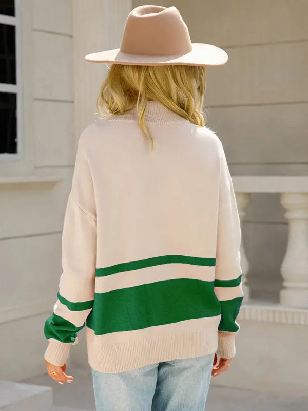 Blue Zone Planet |  striped zipper stand collar pullover sweater BLUE ZONE PLANET