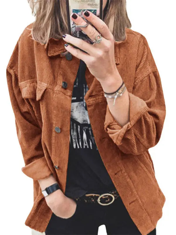 Blue Zone Planet | style corduroy solid color breasted loose long-sleeved shirt BLUE ZONE PLANET