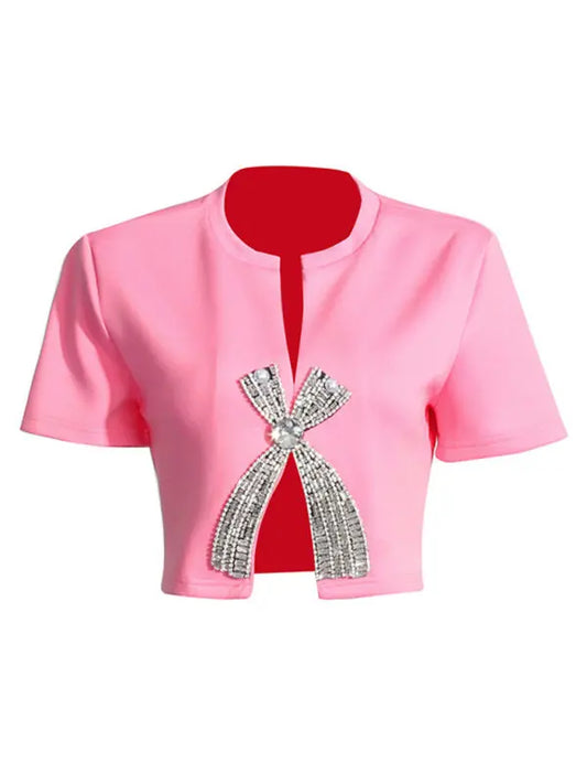 Blue Zone Planet |  style diamond sequined bow short-sleeved solid color slit top BLUE ZONE PLANET