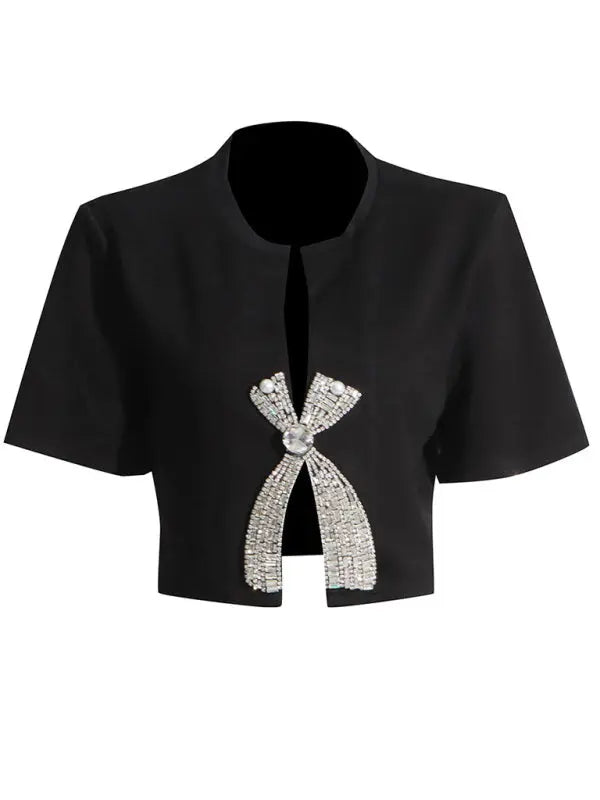 Blue Zone Planet |  style diamond sequined bow short-sleeved solid color slit top BLUE ZONE PLANET