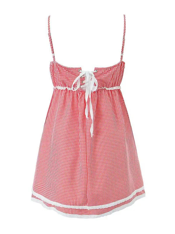 style Lace Plaid Printed Strappy Suspender Dress (Color: Red, Size: L) style Lace Plaid Printed Strappy Suspender Dress (Color: Red, Size: L)