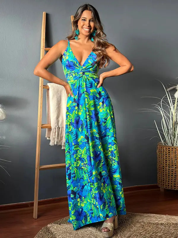 Blue Zone Planet | style spaghetti strap v-neck printed elegant A-line long dress BLUE ZONE PLANET