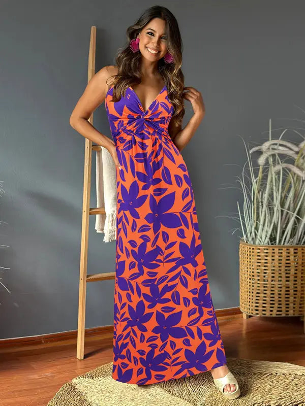 Blue Zone Planet | style spaghetti strap v-neck printed elegant A-line long dress BLUE ZONE PLANET