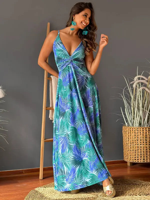 Blue Zone Planet | style spaghetti strap v-neck printed elegant A-line long dress BLUE ZONE PLANET