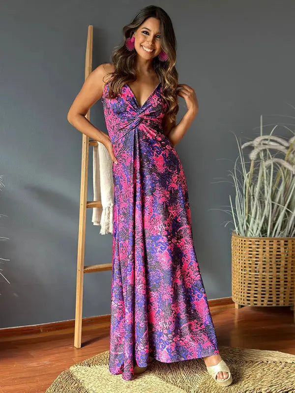 Blue Zone Planet | style spaghetti strap v-neck printed elegant A-line long dress BLUE ZONE PLANET