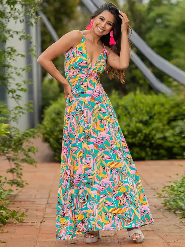Blue Zone Planet | style spaghetti strap v-neck printed elegant A-line long dress BLUE ZONE PLANET