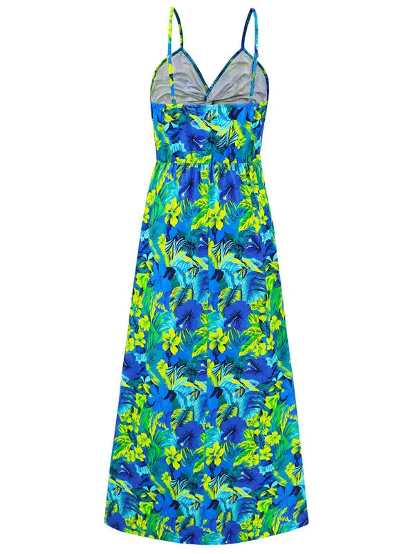 Blue Zone Planet | style spaghetti strap v-neck printed elegant A-line long dress BLUE ZONE PLANET