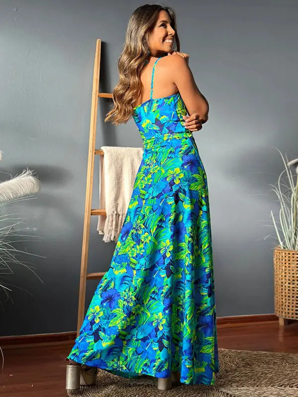 Blue Zone Planet | style spaghetti strap v-neck printed elegant A-line long dress BLUE ZONE PLANET