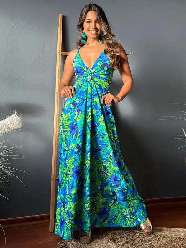 Blue Zone Planet | style spaghetti strap v-neck printed elegant A-line long dress BLUE ZONE PLANET