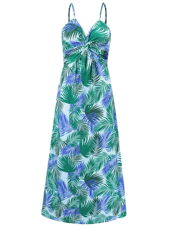 Blue Zone Planet | style spaghetti strap v-neck printed elegant A-line long dress BLUE ZONE PLANET